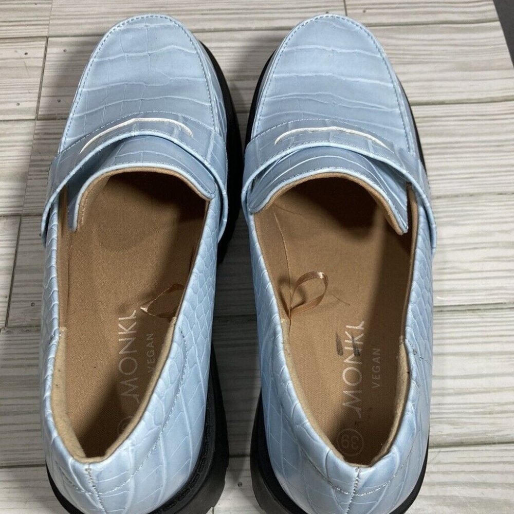 ASOS Monki Vegan Leather Blue Crocodile Pattern Chunky Heel Loafers